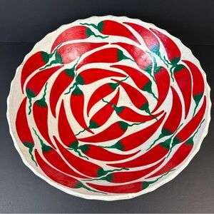 Vtg Mexican Folk Art Pottery Bowl 13”Painted Chili Pepper Ceramic Centerpiece